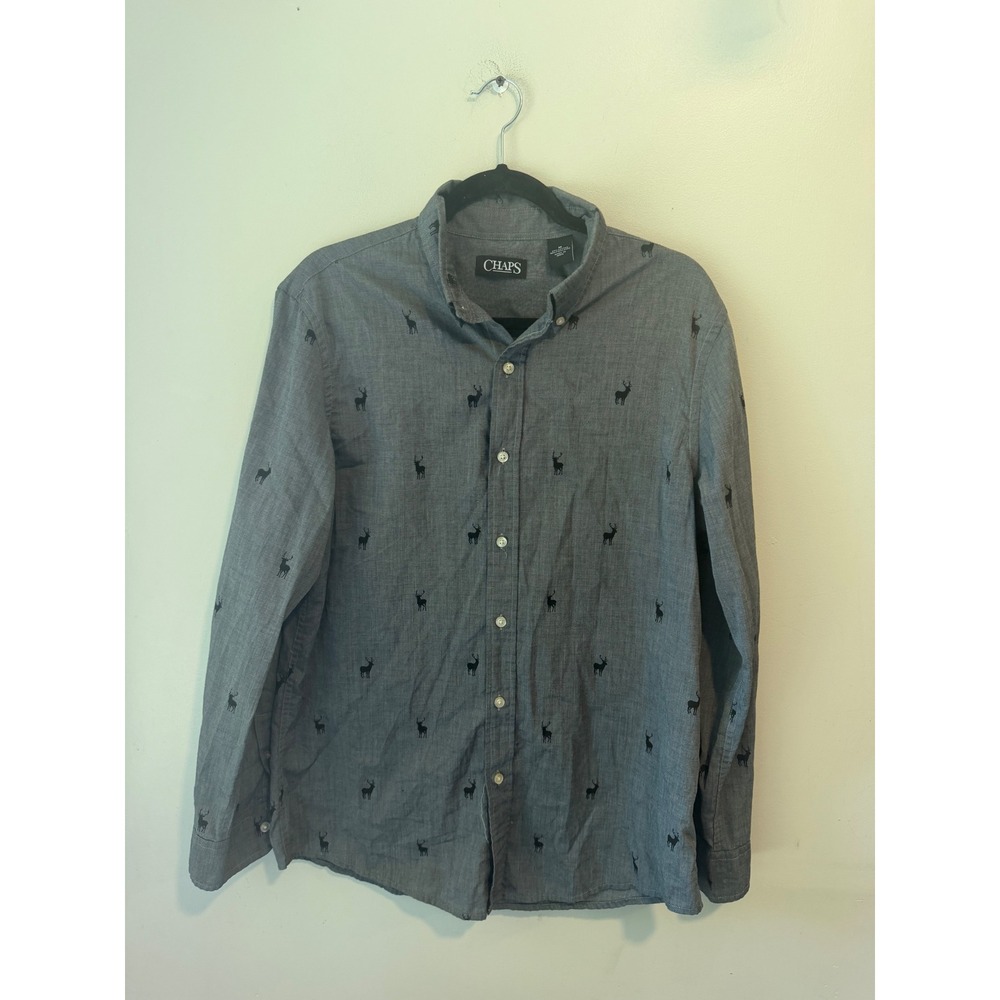 Chaps Mens Grey Deer Stag‎ Print Long Sleeve Button Down Shirt Size M Casual